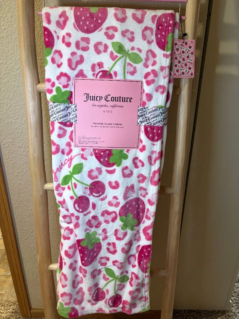 Juicy Couture Strawberry Cherry Leopard Plush Throw Blanket 50x70 NWT
